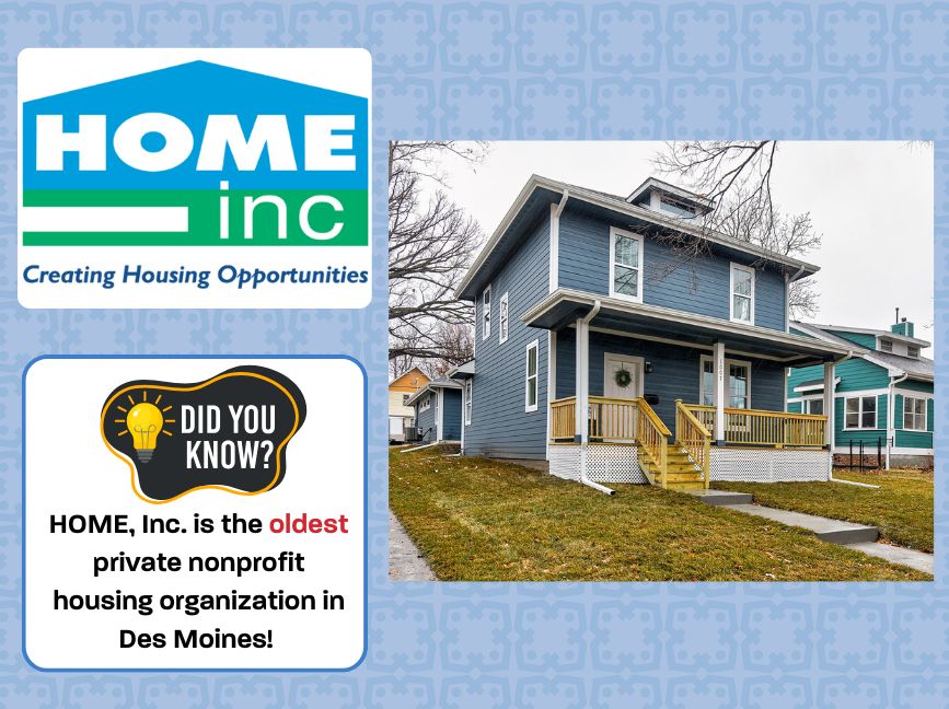 Home Inc logo a house with text under stating Creating Housing opportunities. Did you know - Home Inc is the oldest private nonprofit housing organization in Des Moines text box. A picture of a blue house with white trim and a covered porch.