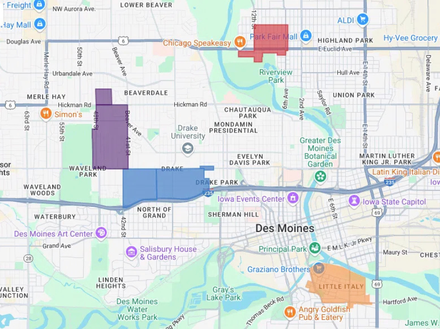 Map of Des Moines with Invest DSM grant program Special Investment Districts highlighted - Columbus Park, Highland Park/Oak Park, Drake, and Franklin